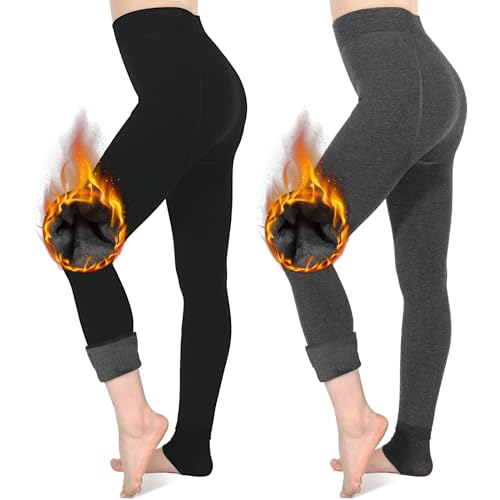 Mujer Leggings Forro Polar Polainas Cintura Alta Suave Elástico Invierno cálido Pantalones de Control de Barriga, 2 Paquetes (Negro + Gris Oscuro)