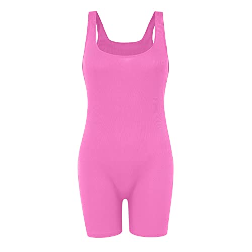 Mujer Yoga Corto sin Mangas Elástico Tank Top Monos Entrenamiento Deporte Romper Trajes Bodycon Pantalones Cortos Pijama Elástico Onesie Pelele 90 E-Girl Y2K Style, Rosa., S