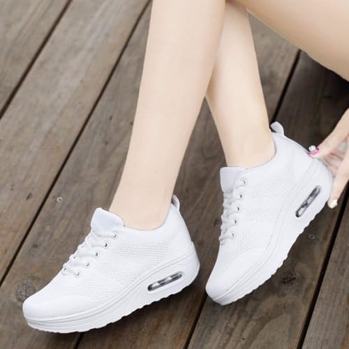 Mujer Zapatillas de Deporte Malla Air Cuña Cómodos Sneakers Mujer Casual Running Senderismo Ligero Mesh Zapatillas,Blanco-a,40 EU