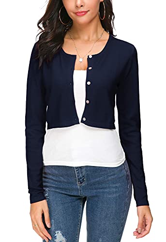 Mujeres Casual Manga Larga Bolero Cuello Redondo Corta Cárdigan Elástico Suéter de Punto Shrug con Botones (XL, Azul Marino)