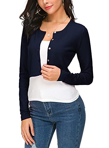 Mujeres Casual Manga Larga Bolero Cuello Redondo Corta Cárdigan Elástico Suéter de Punto Shrug con Botones (XL, Azul Marino)