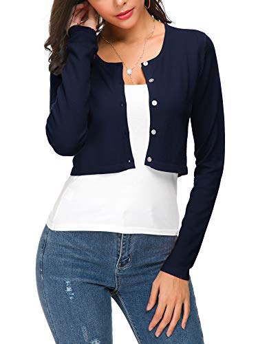 Mujeres Casual Manga Larga Bolero Cuello Redondo Corta Cárdigan Elástico Suéter de Punto Shrug con Botones (XL, Azul Marino)