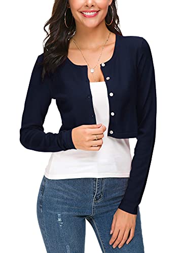 Mujeres Casual Manga Larga Bolero Cuello Redondo Corta Cárdigan Elástico Suéter de Punto Shrug con Botones (XL, Azul Marino)