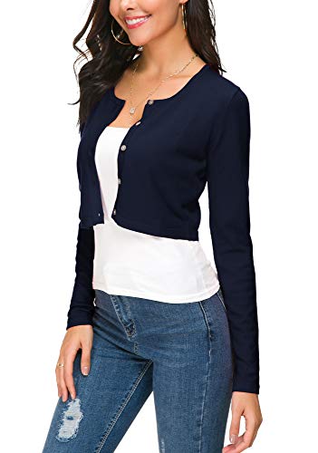 Mujeres Casual Manga Larga Bolero Cuello Redondo Corta Cárdigan Elástico Suéter de Punto Shrug con Botones (XL, Azul Marino)