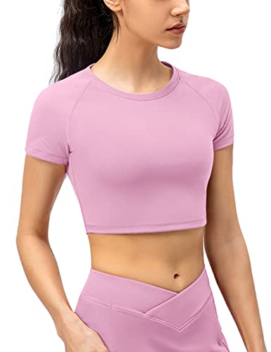 Mujeres Deportes Workout Aptitud física Básico Manga Corta Camisetas T Shirts Compresión Corriendo Blusas Cortas Rosa M