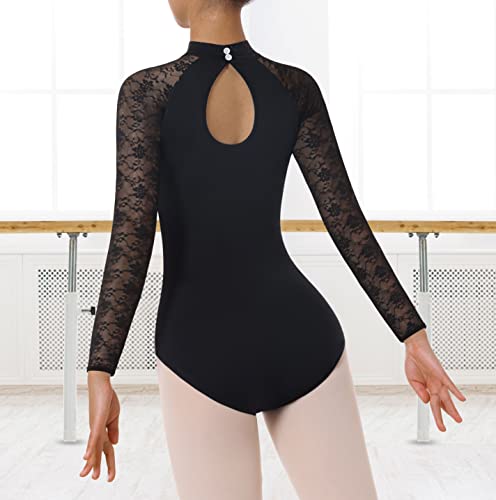 Mulnall Maillot de Danza Gimnasia Leotardo Ballet Vestido para Mujer Manga Largay Sin Mangas Negro Encaje Leotardo Ballet Adulto Mallot de Danza (7029-06-L)