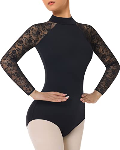 Mulnall Maillot de Danza Gimnasia Leotardo Ballet Vestido para Mujer Manga Largay Sin Mangas Negro Encaje Leotardo Ballet Adulto Mallot de Danza (7029-06-L)