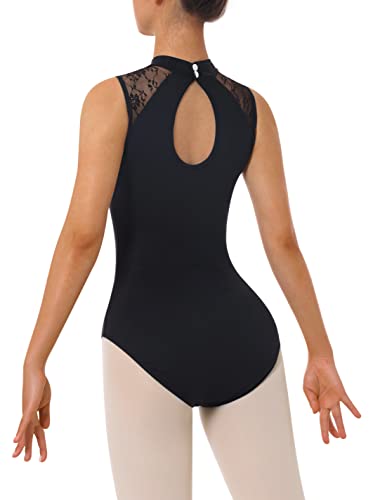 Mulnall Maillot de Danza Gimnasia Leotardo Ballet Vestido para Mujer Manga Largay Sin Mangas Negro Encaje Leotardo Ballet Adulto Mallot de Danza (7030-06-S)