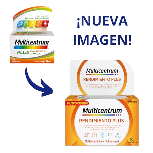 Multicentrum Plus Complemento Alimenticio Multivitamínico y Multimineral Con Ginseng y Ginkgo Biloba Para Adultos, Sin Gluten, 30 Comprimidos