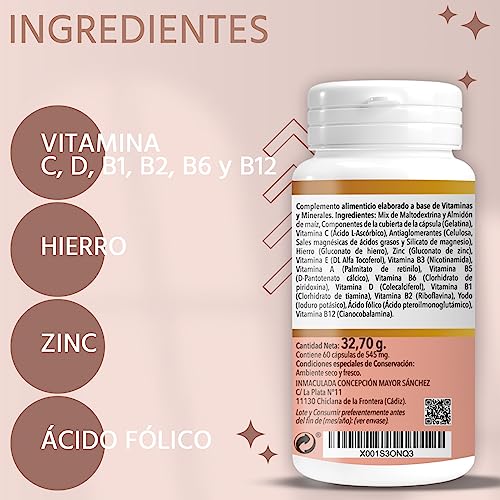 Multivitaminas Mujer Y Hombre. Vitaminas Para El Cansancio Y Mantener La Vitalidad. Vitamina C, D, B1, B2, B6 y B12, Hierro, Zinc, Ácido Fólico... Complejo Vitamínico De 60 Cápsulas Para 2 Meses.