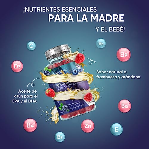 Multivitaminas Prenatal 120 Gominolas Sabor Frutos Rojos - Con Ácido Fólico, Vitaminas C, E, B6, D3, B12, Zinc, Niacina y Colina Para Mujeres Durante el Embarazo Para 2 Meses de Suministro