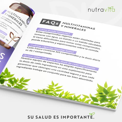 Multivitaminas y Minerales - 365 Comprimidos Veganos - Complejo Multivitaminico con 26 Esenciales Vitamina D3, C, A, B, E, Yodo, Selenio, Calcio, Hierro, Zinc - Hombre y Mujer - Nutravita