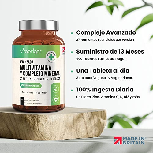 Multivitaminas y Minerales - 400 Tabletas Veganas de Multivitaminas - Suministro de 13 Meses - 27 Vitaminas y Minerales Esenciales para Mujeres y Hombres - Keto Amigable - Hecho en el RU