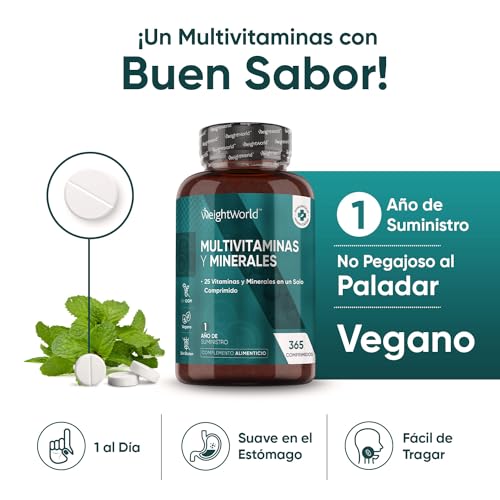 Multivitaminas y Minerales Para Hombre y Mujer Vegano 365 Comprimidos Sabor Menta - 25 Vitaminas y Minerales Esenciales Para Vitalidad con Vitamina C B D E Calcio Zinc Hierro Potasio Yodo.