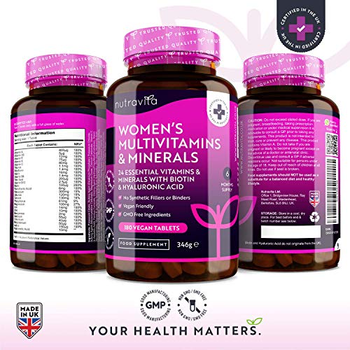 Multivitaminas y Minerales Veganas Para Mujer - 24 Vitaminas y Minerales Activos Esenciales que Incluyen Biotina y Ácido Hialurónico - 180 Tabletas Veganas - Fabricado por Nutravita