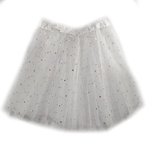 MUNDDY - Tutu Elastico Tul 3 Capas 40 CM de Longitud para Adulta Distintas Colores Falda Disfraz Ballet (Envio 48-72h con Seguimiento Desde Madrid) (Blanco con Estrellas)