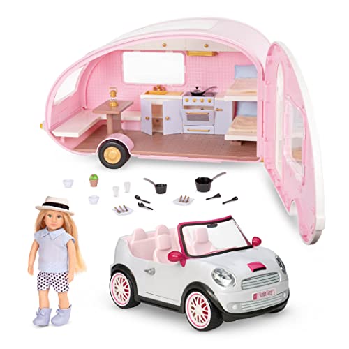 Muñecas Lori – Juego de Glamping de Eliza - Mini Muñeca, Casa Rodante y Coche - Muñeca de 15 cm y Accesorios de Camping - Remolque de Camping y Coche Convertible - Juego para Niños - 3 Años +