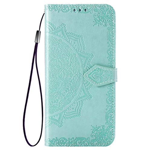 MUSESHOP Funda Xiaomi Redmi Note 7/Note 7 Pro, Estuche de Cuero Estampado Mandala Libro de Cuero con Tapa y Cartera, Carcasa PU Leather con TPU Silicona Case Interna Suave - Verde Menta