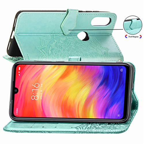 MUSESHOP Funda Xiaomi Redmi Note 7/Note 7 Pro, Estuche de Cuero Estampado Mandala Libro de Cuero con Tapa y Cartera, Carcasa PU Leather con TPU Silicona Case Interna Suave - Verde Menta