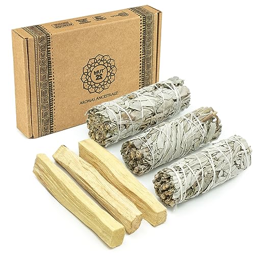 MUT22 3 Salvia Blanca y 3 Palo Santo Sagrada para Quemar - Hierba de Purificación y Armonía: Salvia Apiana 100% Natural, Ideal para Limpieza Espiritual y Rituales Energéticos