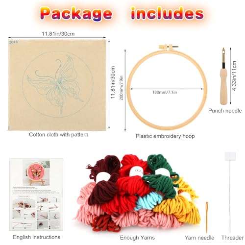 MWOOT Kit de Arranque Punch Needle,Kit para Principiantes de Tapiz para Bordar,Herramienta de Punto de Cruz con Patrón e Instrucciones para Principiantes de Bricolaje Adultos Niños(Mariposa)