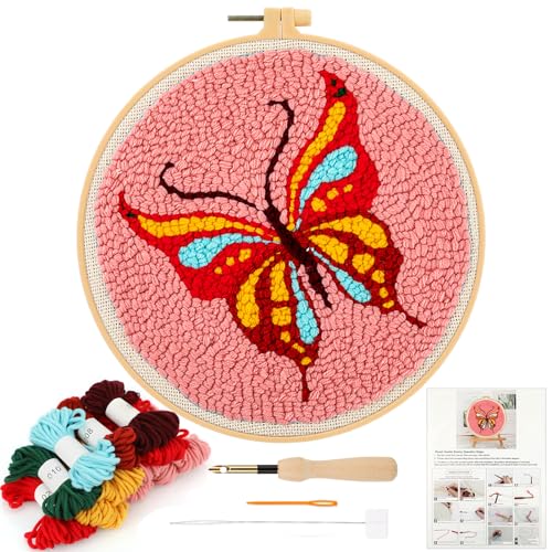 MWOOT Kit de Arranque Punch Needle,Kit para Principiantes de Tapiz para Bordar,Herramienta de Punto de Cruz con Patrón e Instrucciones para Principiantes de Bricolaje Adultos Niños(Mariposa)