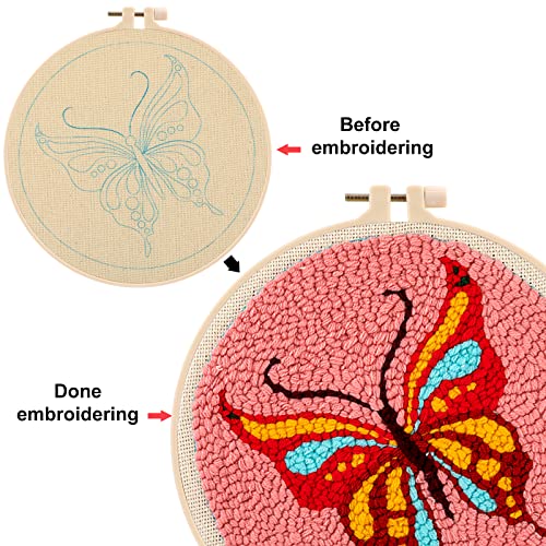 MWOOT Kit de Arranque Punch Needle,Kit para Principiantes de Tapiz para Bordar,Herramienta de Punto de Cruz con Patrón e Instrucciones para Principiantes de Bricolaje Adultos Niños(Mariposa)