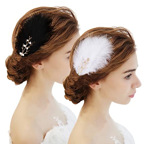 MWOOT Pinzas Cabello Plumas, 4 Piezas Pinzas Pelo Plumas Negro Blanca, Tocados Emplumados para Disfraces 1920,Pasadores Pelo Plumas para Mujeres Niñas Ballet Danza Clásica Patinaje Peluquería