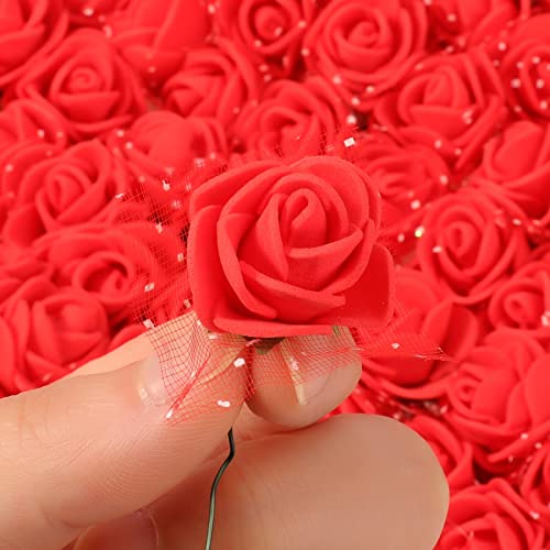 MWOOT Rosa Artificial 144 Piezas Rojo Flores Falsas, Pequeña Flor de Imitación para Bricolaje Accesorios de Boda Diademas, Cabezas de Flores Manualidades 2,5 CM