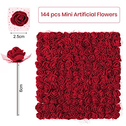 MWOOT Rosas Artificiales Rojo Oscuro, 144 Piezas Mini Rosas de Espuma para Manualidades, Pequeñas Flores Falsas para Bricolaje Boda Día de San Valentín Decoración, 2.5CM Cabezas de Flores Falsas