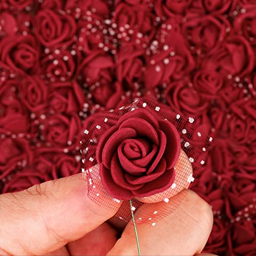 MWOOT Rosas Artificiales Rojo Oscuro, 144 Piezas Mini Rosas de Espuma para Manualidades, Pequeñas Flores Falsas para Bricolaje Boda Día de San Valentín Decoración, 2.5CM Cabezas de Flores Falsas