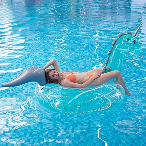 Myir Flotador Inflable del Unicornio Transparente, Gigante Colchoneta Hinchable con Lentejuelas para Piscina Hinchables Juguete Adultos Niños Agua Fiesta Natación (Unicornio Transparente, L)