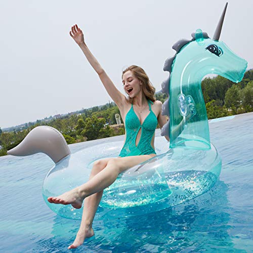 Myir Flotador Inflable del Unicornio Transparente, Gigante Colchoneta Hinchable con Lentejuelas para Piscina Hinchables Juguete Adultos Niños Agua Fiesta Natación (Unicornio Transparente, L)