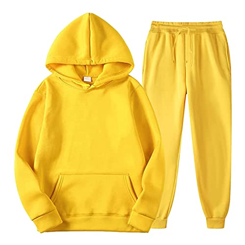 Mymyguoe Chándal para hombre, chándal de invierno, cálido, con forro polar, para hombre, chaqueta con capucha, pantalones de chándal, amarillo, S