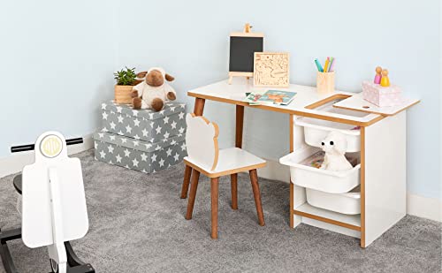 MyosHome - Escritorio Infantil con Silla y Cajones, Pupitre Infantil con Guarda Objetos, Mesa de Juegos para Niños, Muebles para Niños Color Blanco y Madera de 90 x 42 x 51 cm Soho