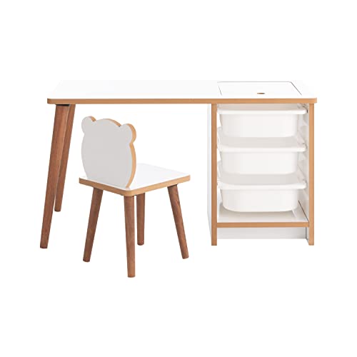 MyosHome - Escritorio Infantil con Silla y Cajones, Pupitre Infantil con Guarda Objetos, Mesa de Juegos para Niños, Muebles para Niños Color Blanco y Madera de 90 x 42 x 51 cm Soho