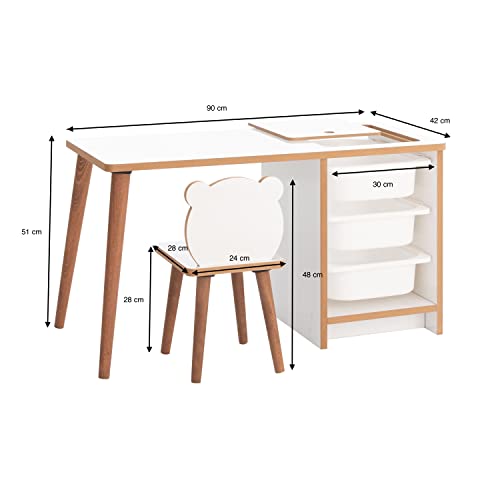 MyosHome - Escritorio Infantil con Silla y Cajones, Pupitre Infantil con Guarda Objetos, Mesa de Juegos para Niños, Muebles para Niños Color Blanco y Madera de 90 x 42 x 51 cm Soho