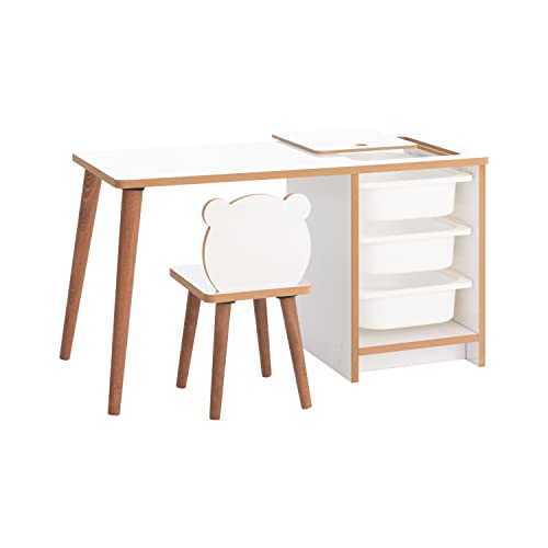 MyosHome - Escritorio Infantil con Silla y Cajones, Pupitre Infantil con Guarda Objetos, Mesa de Juegos para Niños, Muebles para Niños Color Blanco y Madera de 90 x 42 x 51 cm Soho