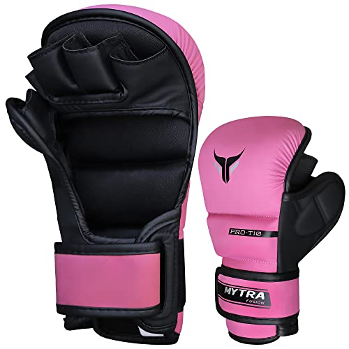 Mytra Fusion 7-oz Mujeres Guantes MMA Palma ventilada Abierta Guantillas MMA (M, Pink)