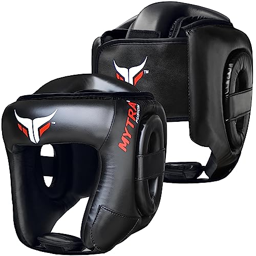 Mytra Fusion Casco Boxeo - Kickboxing Casco con Correa Ajustable MMA, Muay Thai, Sparring, Artes Marciales, Karate Casco de Boxeo (Black, X-Small)