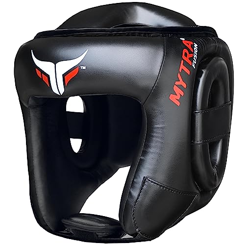 Mytra Fusion Casco Boxeo - Kickboxing Casco con Correa Ajustable MMA, Muay Thai, Sparring, Artes Marciales, Karate Casco de Boxeo (Black, X-Small)