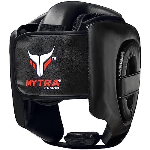 Mytra Fusion Casco Boxeo - Kickboxing Casco con Correa Ajustable MMA, Muay Thai, Sparring, Artes Marciales, Karate Casco de Boxeo (Black, X-Small)