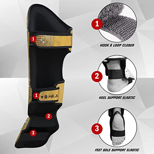 Mytra Fusion espinilleras Kick Boxing espinilleras MMA, Muay Thai espinillera – Shin Instep Protection para Kickboxing, Training, BJJ, Sparring, Boxing Gear y Artes Marciales (S, Gold)