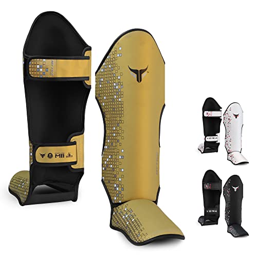 Mytra Fusion espinilleras Kick Boxing espinilleras MMA, Muay Thai espinillera – Shin Instep Protection para Kickboxing, Training, BJJ, Sparring, Boxing Gear y Artes Marciales (S, Gold)