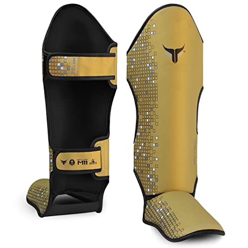 Mytra Fusion espinilleras Kick Boxing espinilleras MMA, Muay Thai espinillera – Shin Instep Protection para Kickboxing, Training, BJJ, Sparring, Boxing Gear y Artes Marciales (S, Gold)