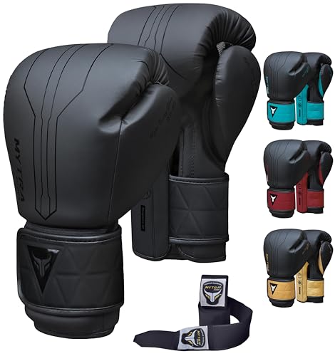 Mytra Fusion Guantes Boxeo Incluido con envolturas para Manos Gratis Guantes de Boxeo MMA Training Guantes Muay Thai Guantes Boxeo Mujer y Hombre (12-oz, Black)