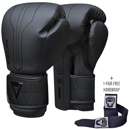 Mytra Fusion Guantes Boxeo Incluido con envolturas para Manos Gratis Guantes de Boxeo MMA Training Guantes Muay Thai Guantes Boxeo Mujer y Hombre (12-oz, Black)