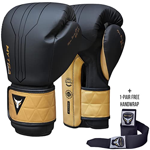 Mytra Fusion Guantes Boxeo Incluido con envolturas para Manos Gratis Guantes de Boxeo MMA Training Guantes Muay Thai Guantes Boxeo Mujer y Hombre (14-oz, Black/Gold)