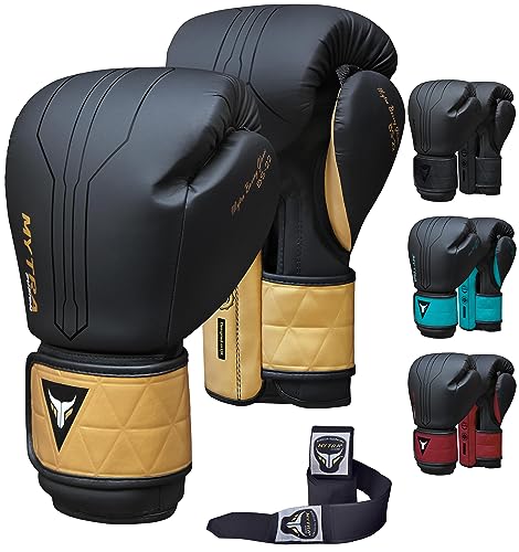 Mytra Fusion Guantes Boxeo Incluido con envolturas para Manos Gratis Guantes de Boxeo MMA Training Guantes Muay Thai Guantes Boxeo Mujer y Hombre (14-oz, Black/Gold)