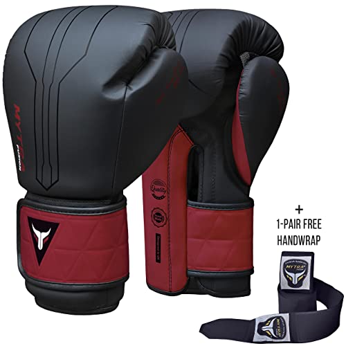 Mytra Fusion Guantes Boxeo Incluido con envolturas para Manos Gratis Guantes de Boxeo MMA Training Guantes Muay Thai Guantes Boxeo Mujer y Hombre (16-oz, Black/Maroon)